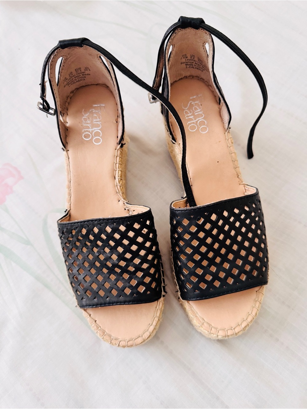 Franco Sarto Black Laser-Cut Espadrille Wedge Sandals with Ankle Tie Sz 7.5